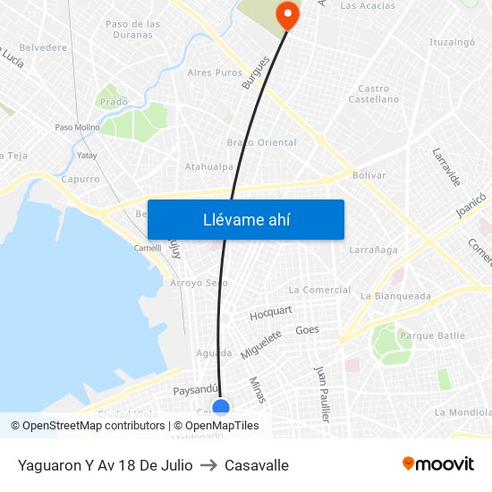 Yaguaron Y Av 18 De Julio to Casavalle map