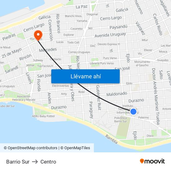 Barrio Sur to Centro map