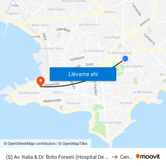 (S) Av. Italia & Dr. Brito Foresti (Hospital De Clinicas) to Centro map