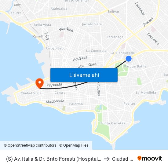(S) Av. Italia & Dr. Brito Foresti (Hospital De Clinicas) to Ciudad Vieja map