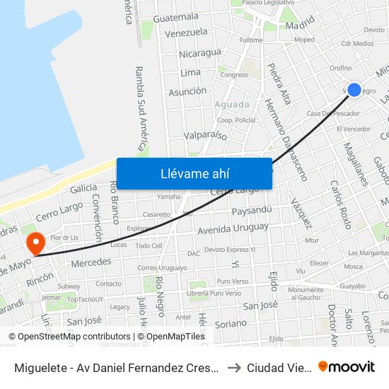 Miguelete - Av Daniel Fernandez Crespo to Ciudad Vieja map