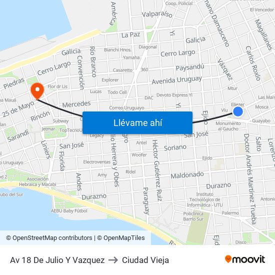 Av 18 De Julio Y Vazquez to Ciudad Vieja map