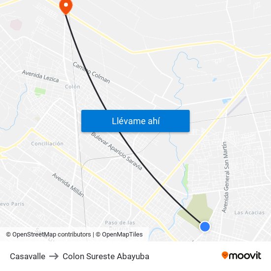 Casavalle to Colon Sureste Abayuba map