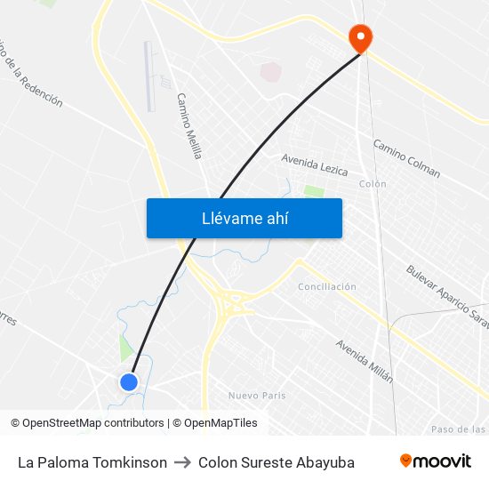 La Paloma Tomkinson to Colon Sureste Abayuba map