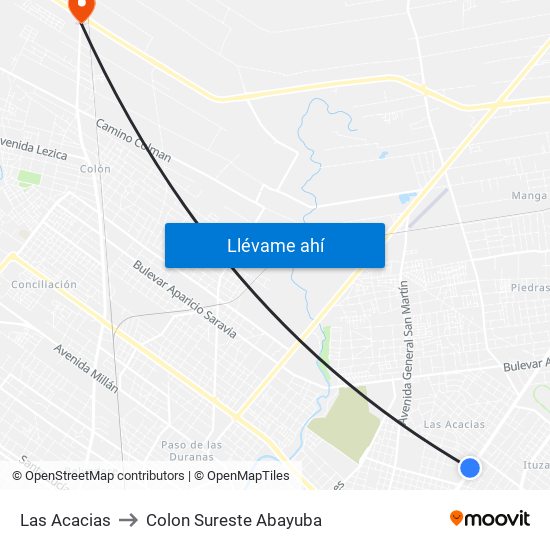 Las Acacias to Colon Sureste Abayuba map