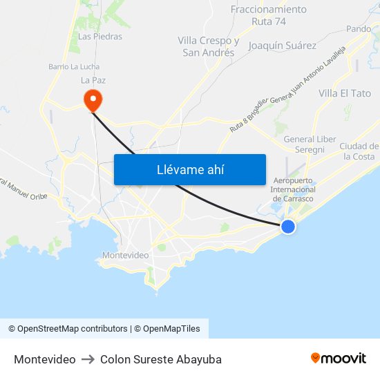 Montevideo to Colon Sureste Abayuba map