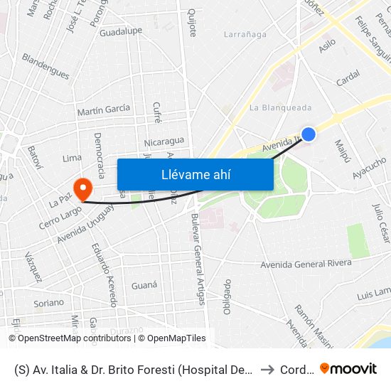 (S) Av. Italia & Dr. Brito Foresti (Hospital De Clinicas) to Cordon map