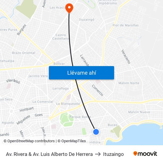 Av. Rivera & Av. Luis Alberto De Herrera to Ituzaingo map