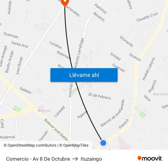 Comercio - Av 8 De Octubre to Ituzaingo map
