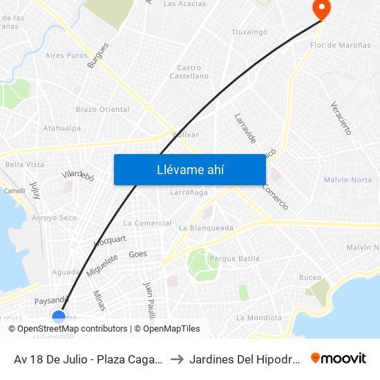 Av 18 De Julio - Plaza Cagancha to Jardines Del Hipodromo map