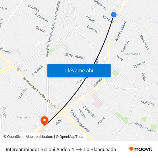 Intercambiador Belloni Andén 4 to La Blanqueada map