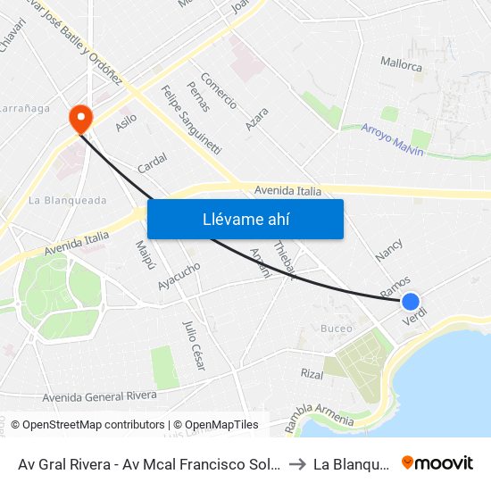 Av Gral Rivera - Av Mcal Francisco Solano Lopez to La Blanqueada map