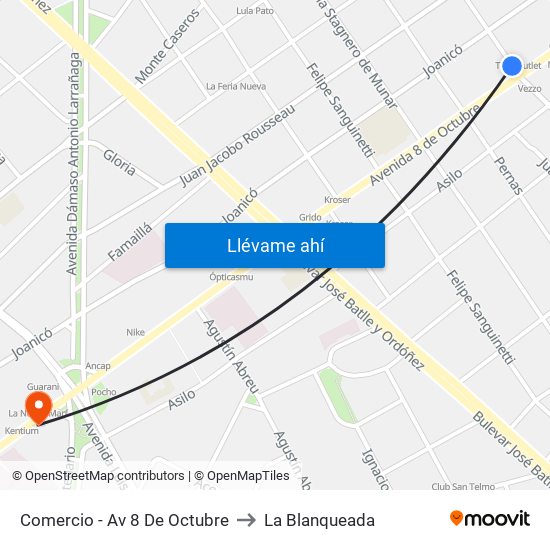 Comercio - Av 8 De Octubre to La Blanqueada map