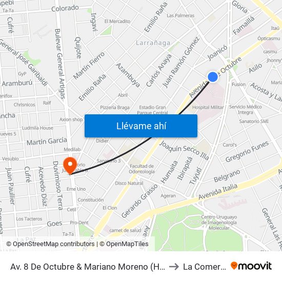 Av. 8 De Octubre & Mariano Moreno (H. Militar) to La Comercial map