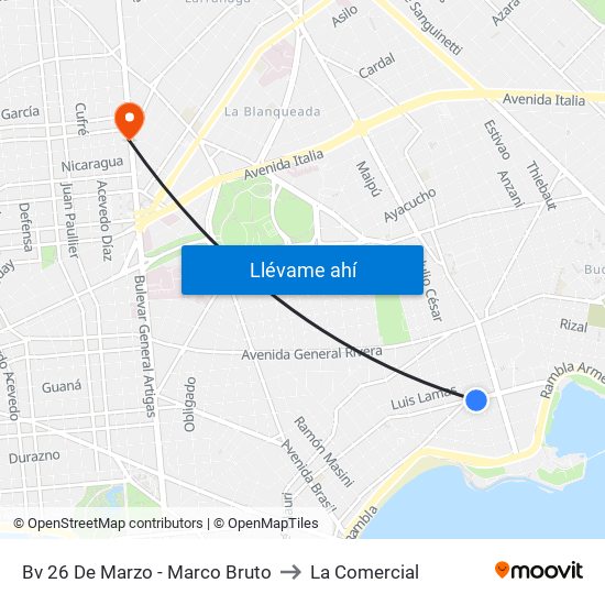 Bv 26 De Marzo - Marco Bruto to La Comercial map