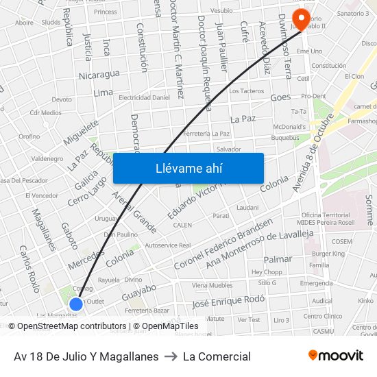 Av 18 De Julio Y Magallanes to La Comercial map