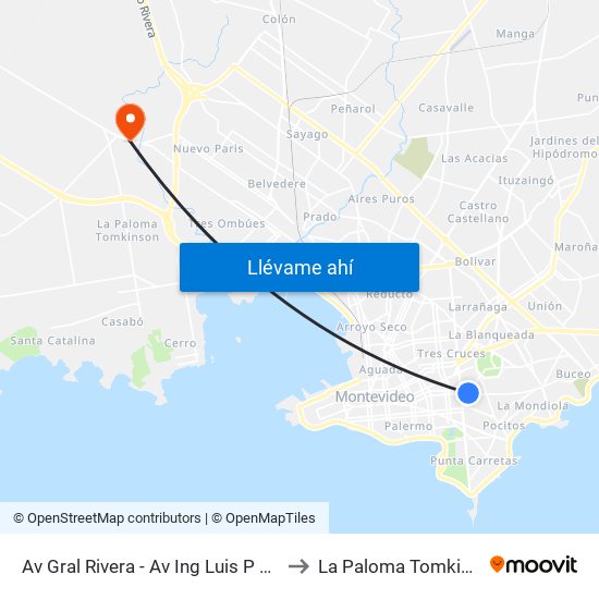 Av Gral Rivera - Av Ing Luis P Ponce to La Paloma Tomkinson map