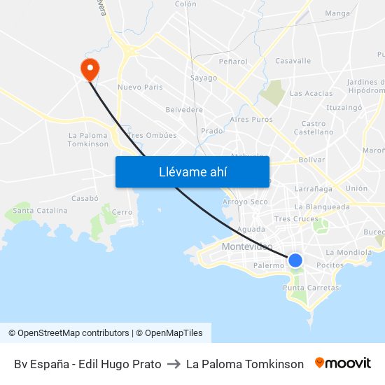 Bv España - Edil Hugo Prato to La Paloma Tomkinson map