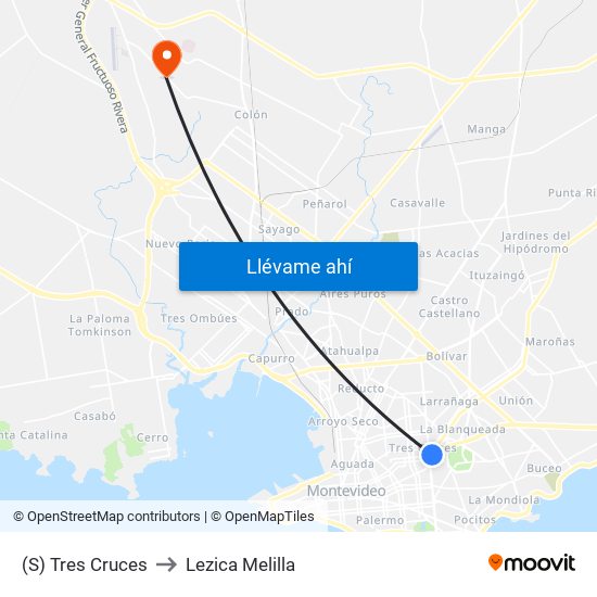 (S) Tres Cruces to Lezica Melilla map