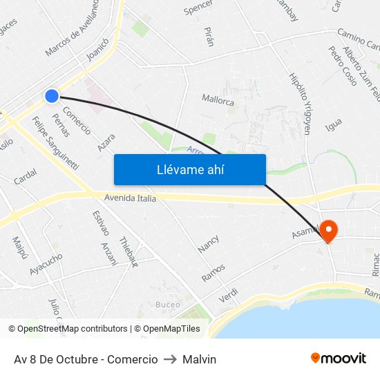 Av 8 De Octubre - Comercio to Malvin map