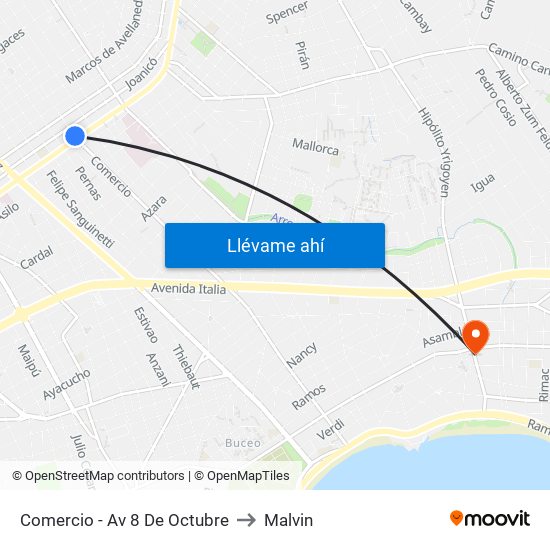 Comercio - Av 8 De Octubre to Malvin map