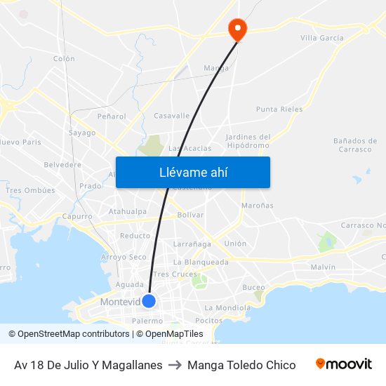 Av 18 De Julio Y Magallanes to Manga Toledo Chico map