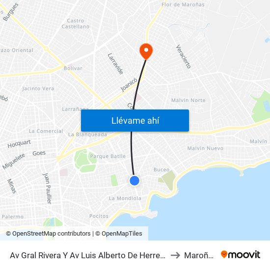 Av Gral Rivera Y Av Luis Alberto De Herrera to Maroñas map