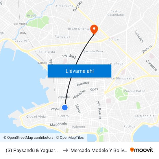 (S) Paysandú & Yaguarón to Mercado Modelo Y Bolivar map