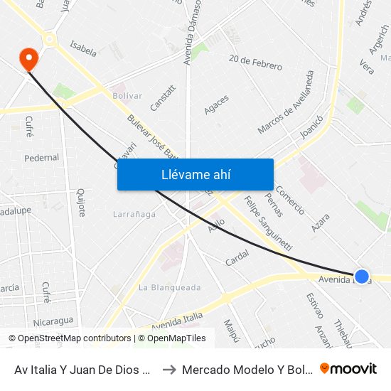 Av Italia Y Juan De Dios Peza to Mercado Modelo Y Bolivar map