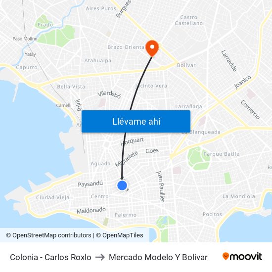 Colonia - Carlos Roxlo to Mercado Modelo Y Bolivar map