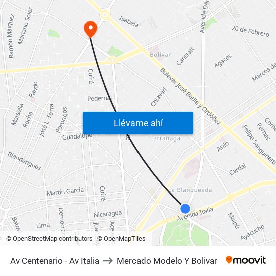 Av Centenario - Av Italia to Mercado Modelo Y Bolivar map