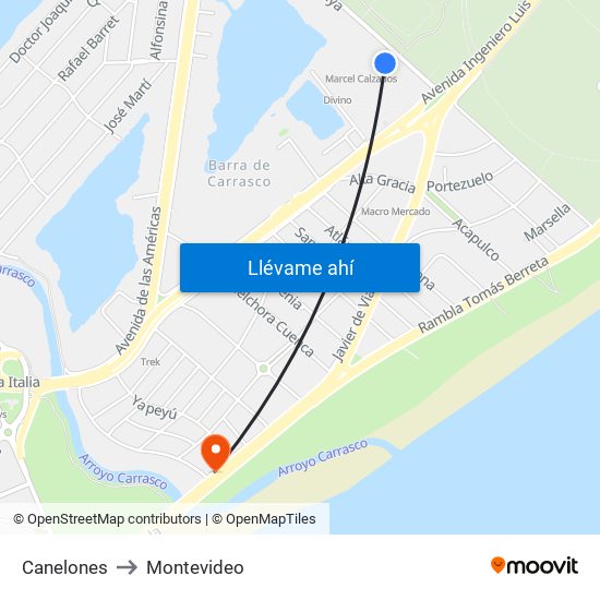 Canelones to Montevideo map