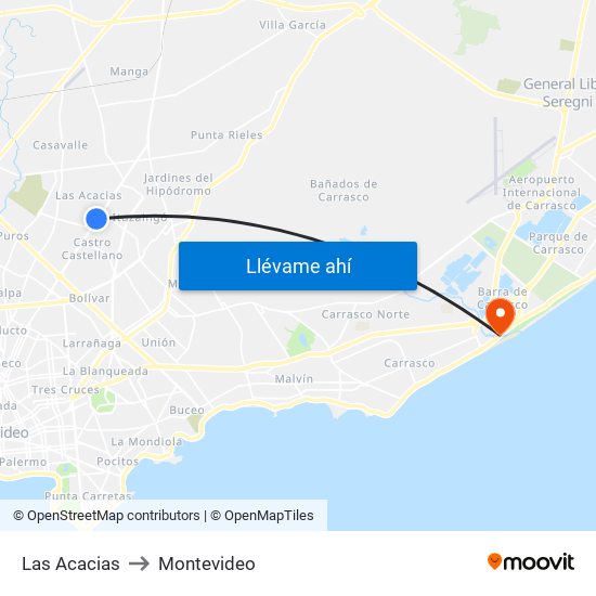 Las Acacias to Montevideo map