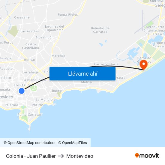 Colonia - Juan Paullier to Montevideo map