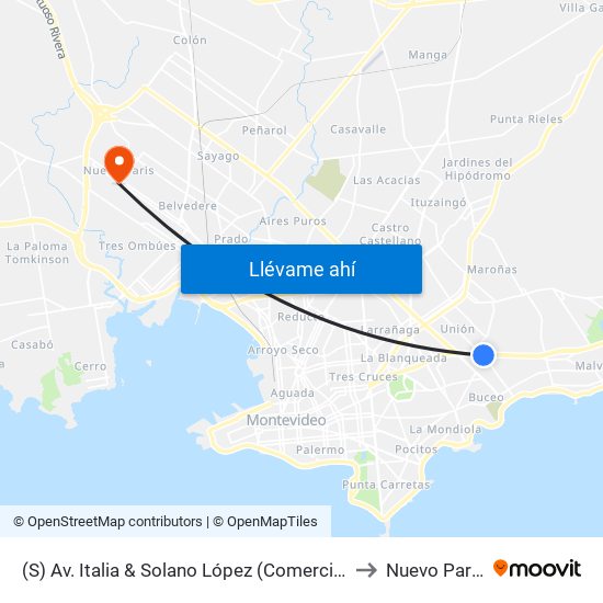 (S) Av. Italia & Solano López (Comercio) to Nuevo Paris map