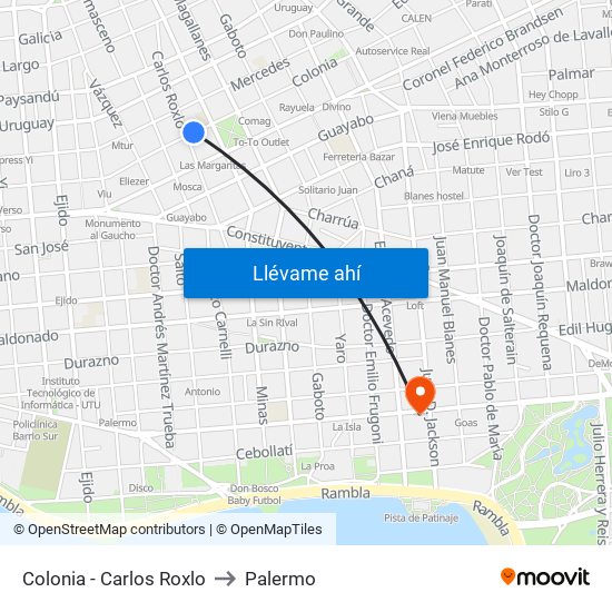 Colonia - Carlos Roxlo to Palermo map