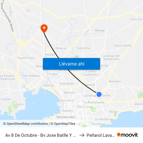 Av 8 De Octubre - Bv Jose Batlle Y Ordoñez to Peñarol Lavalleja map