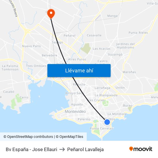 Bv España - Jose Ellauri to Peñarol Lavalleja map