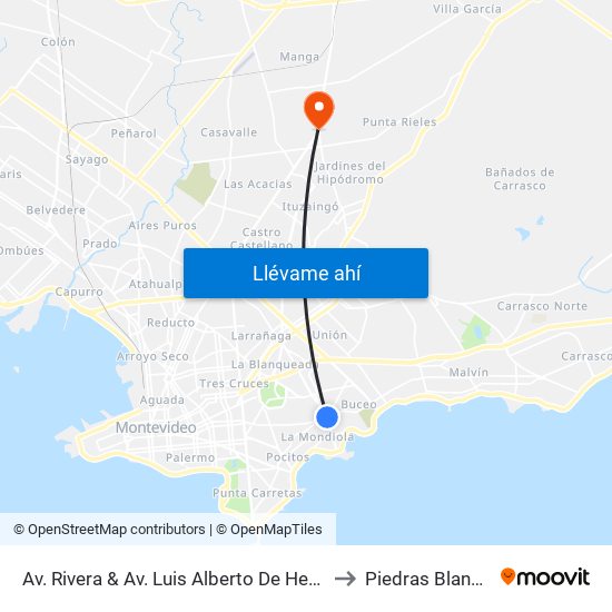 Av. Rivera & Av. Luis Alberto De Herrera to Piedras Blancas map