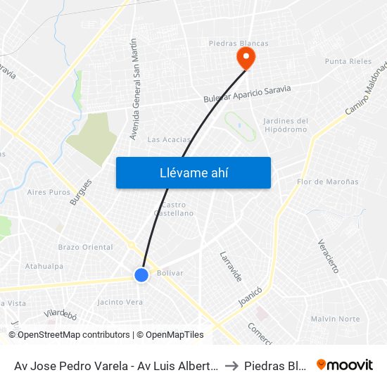Av Jose Pedro Varela - Av Luis Alberto De Herrera to Piedras Blancas map