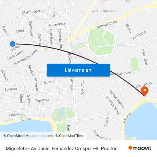 Miguelete - Av Daniel Fernandez Crespo to Pocitos map