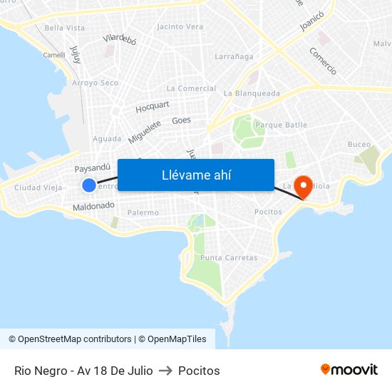 Rio Negro - Av 18 De Julio to Pocitos map