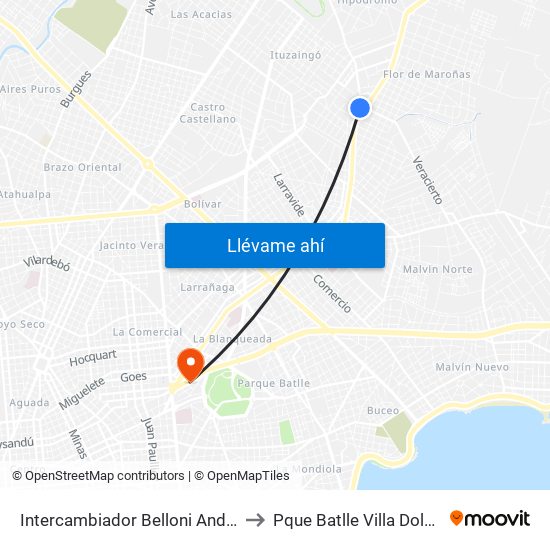 Intercambiador Belloni Andén 4 to Pque Batlle Villa Dolores map