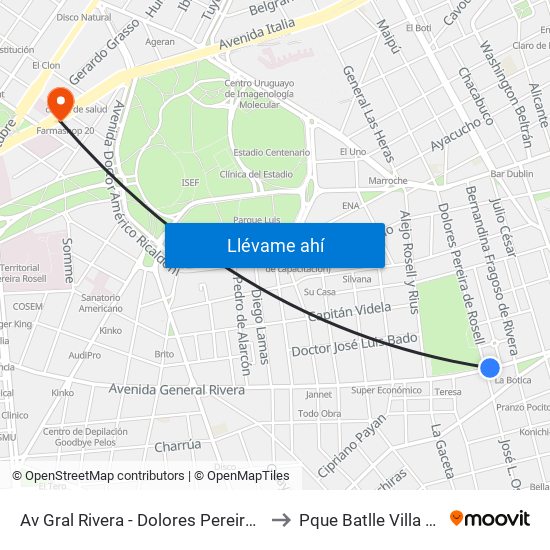 Av Gral Rivera - Dolores Pereira De Rossell to Pque Batlle Villa Dolores map