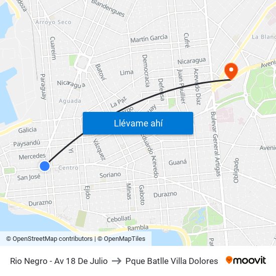 Rio Negro - Av 18 De Julio to Pque Batlle Villa Dolores map