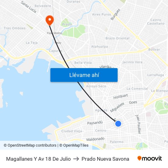 Magallanes Y Av 18 De Julio to Prado Nueva Savona map