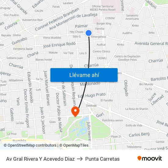 Av Gral Rivera Y Acevedo Diaz to Punta Carretas map