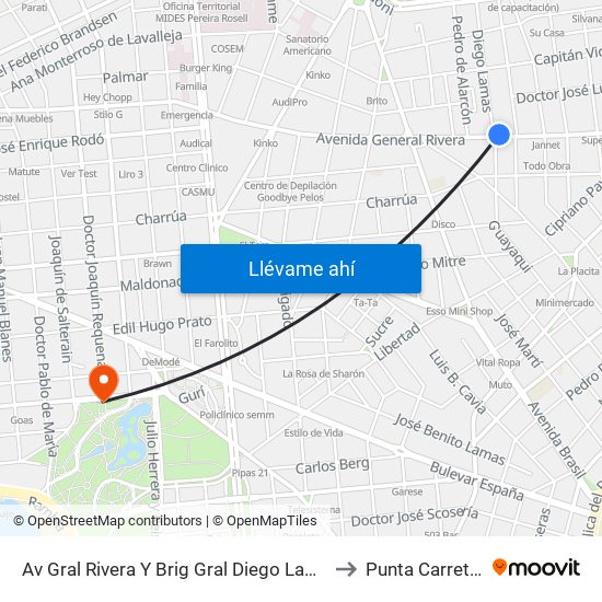 Av Gral Rivera Y Brig Gral Diego Lamas to Punta Carretas map