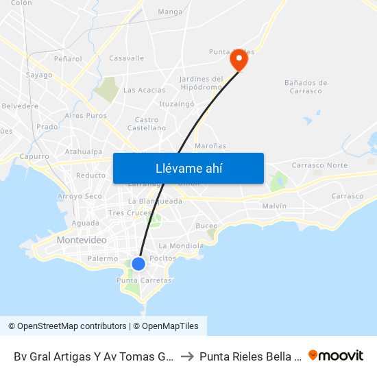 Bv Gral Artigas Y Av Tomas Giribaldi to Punta Rieles Bella Italia map