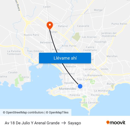 Av 18 De Julio Y Arenal Grande to Sayago map